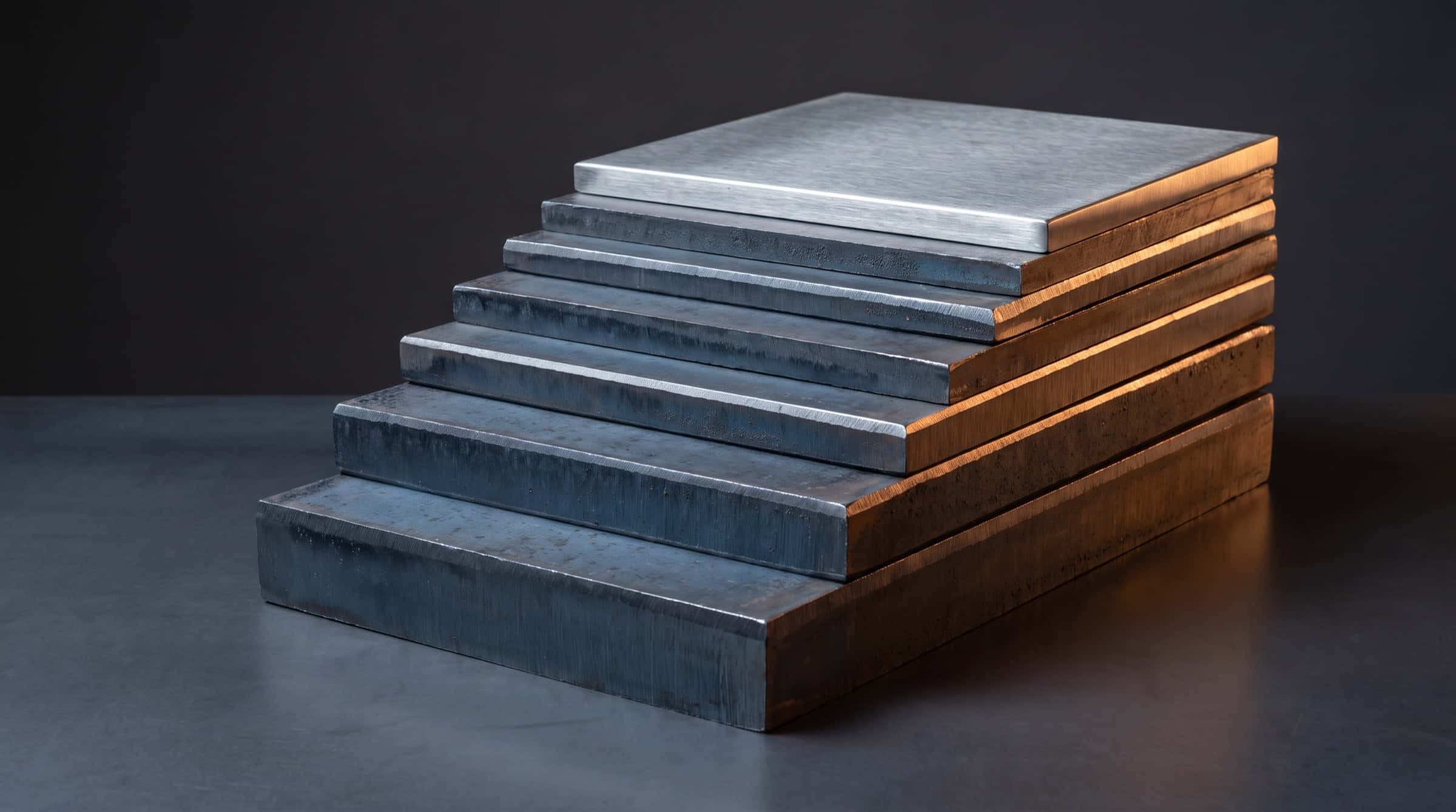 Stack of thick carbon steel plates with a stainless steel plate on top